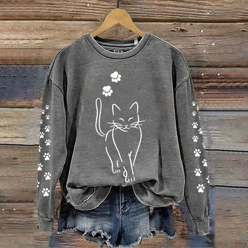 Funny Cat And Footprints Casual Crew Neck Sweatshirt - Grey - 5XL - image 1