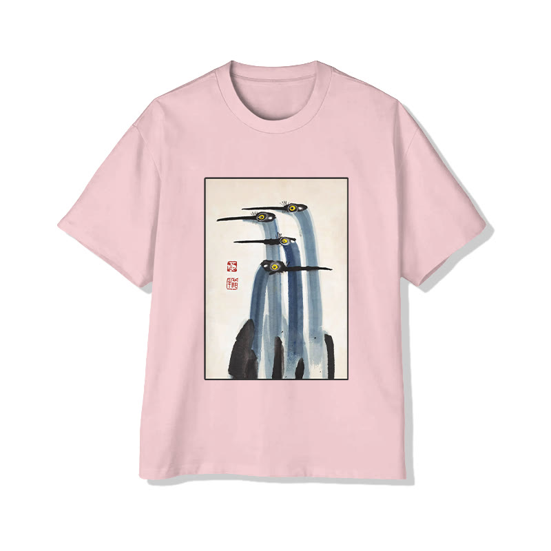 Unisex Japanese Art Crane Print Short Sleeved Crew Neck T-shirt - Pink - 2XL - image 5