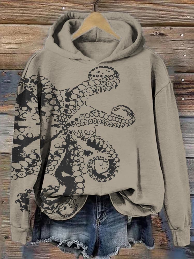 Octopus Asymmetric Print Hoodie
