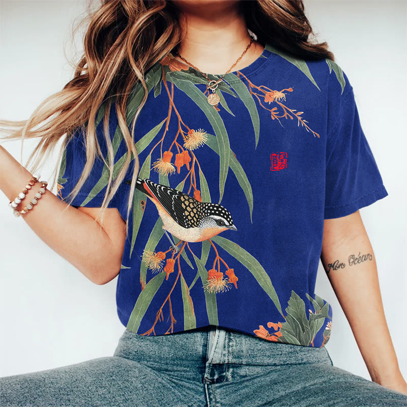 Japanese Vintage Little Bird Pattern Print Round Neck T-shirt - Blue - US44-46(8XL) - image 6