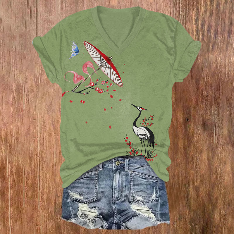  Japanese Sakura Crane & Butterfly Umbrella Art T-shirt - Green - US32-34(5XL) - image 3