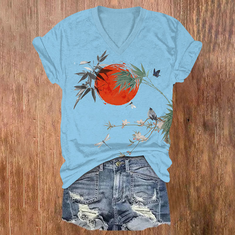 Japanese Vintage Sun & Bamboo Bird Art T-shirt - Blue - US32-34(5XL) - image 3