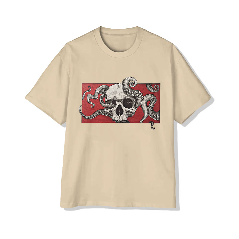 Unisex Skull Octopus Art Pattern Cotton Print T-shirt - Apricot - US20-22(3XL) - image 3
