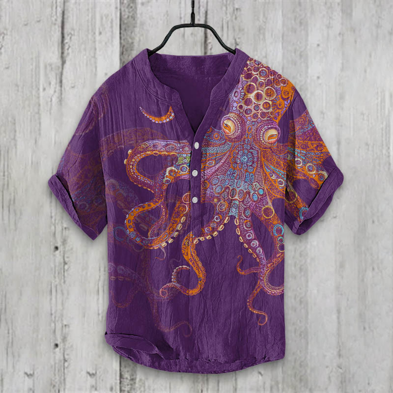 Unique Exquisite Octopus Pattern Art Print Shirt - Purple - 5XL - image 3
