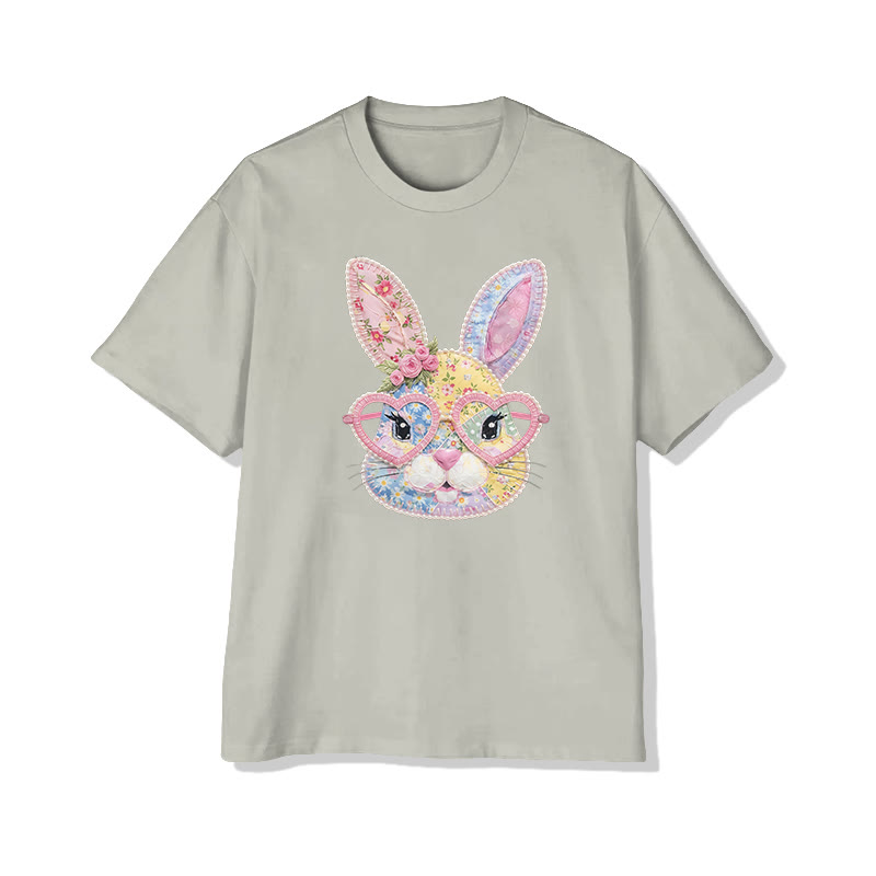 Easter Glasses Bunny Garden Flowers Print Pattern Cotton Print T-shirt - Warm Grey - US16-18(2XL) - image 6
