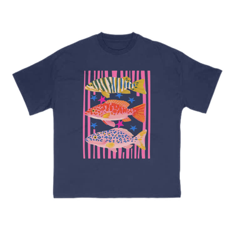 Playful Tropical Fish Graphic Crew Neck T Shirt - Navy Blue - US16-18(2XL) - image 8