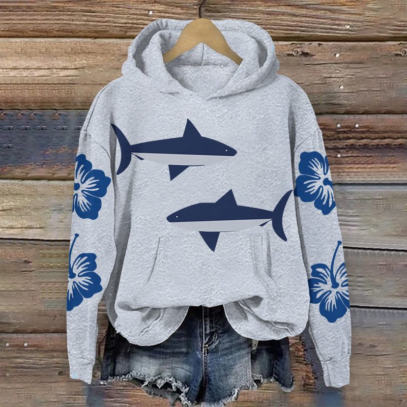 100% Cotton Shark And Dahlia Print Hoodie - Grey - 2XL - image 3