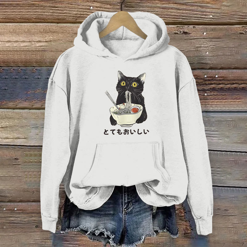 100% Cotton Cats Eat Ramen Noodles Print Women's Hoodie - White - 2XL - image 4