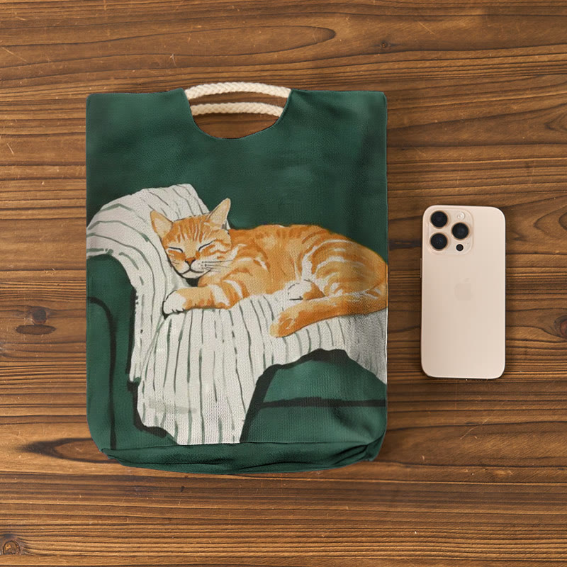 Cute Sleeping Cat Print Woven Handbag - image 4
