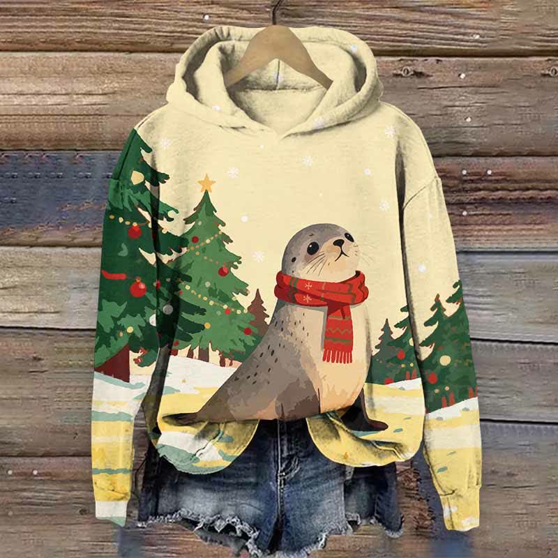 Christmas Winter Snowy Seal With Scarf Art Print Long Sleeve Hoodie - Apricot - US44-46(8XL) - image 6