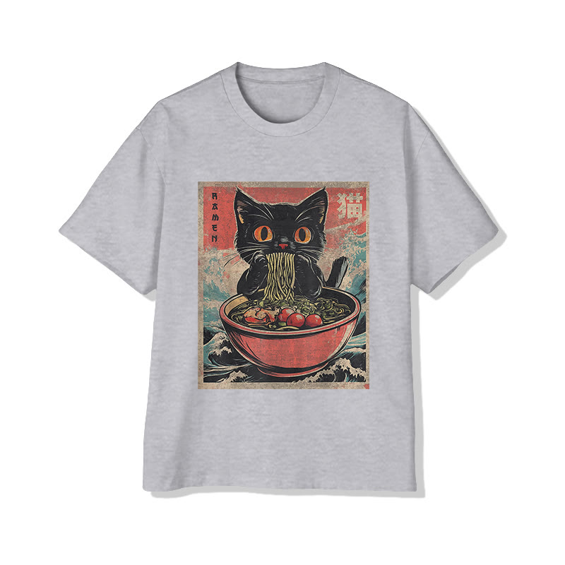 Unisex Japanese  Cat Eating Ramen Noodles  Art Pattern Cotton Print T-shirt - Grey - US20-22(3XL) - image 4
