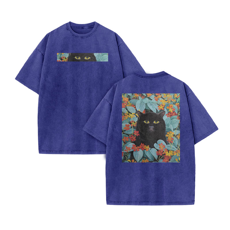 A Black Cat In A Field Of Blue Leaves Print Acid Washed T-shirt - Blue - US20-22(3XL) - image 7