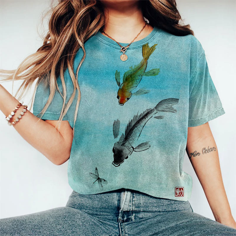 Women's Japanese Watercolor Koi And Dragonfly Art Print Crew Neck T-shirt - Blue - 8XL - image 3