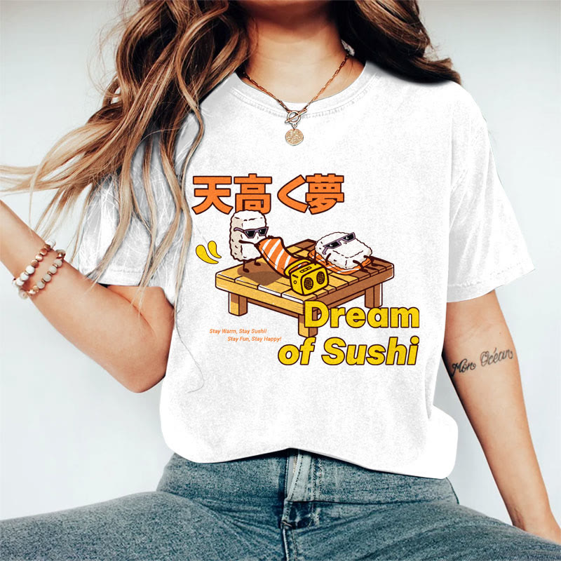 100% Cotton Women's Japanese Dream Of Sushi Art Print Casual T-shirt - White - 2XL - image 2