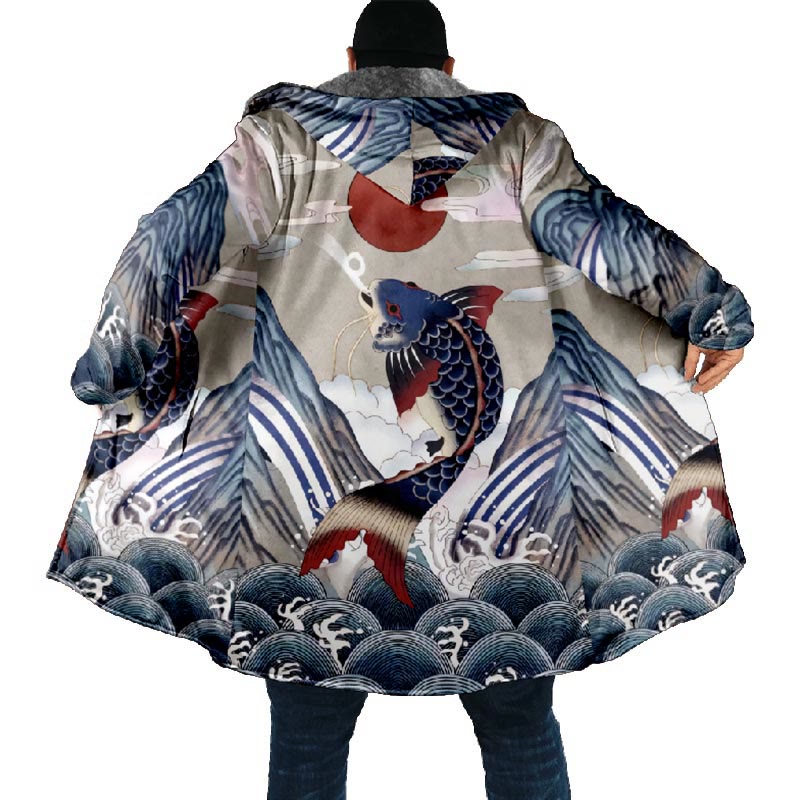 Japanese Abstract Wave ＆ Koi Fish Print Unisex Plush Thick Long-sleeved Fleece Jacket Coat - image 5