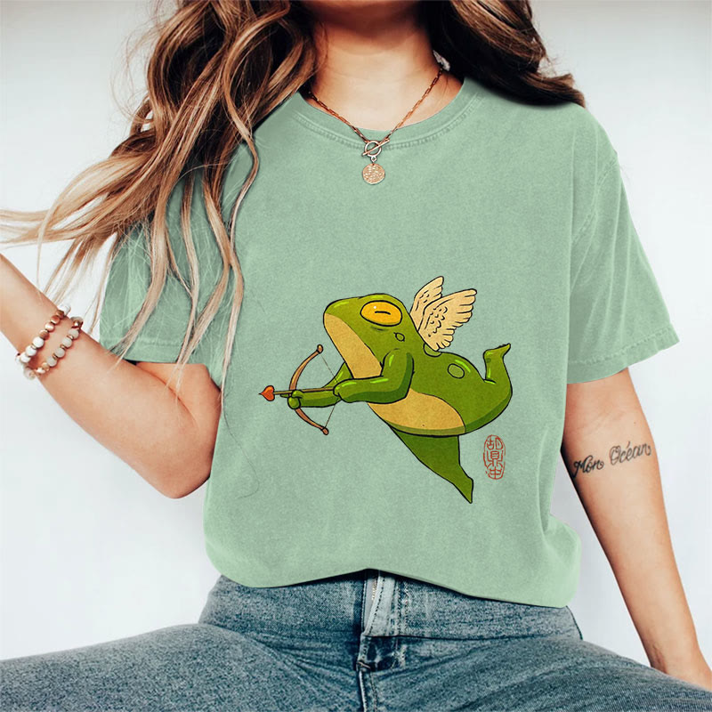 100% Cotton Funny Frog Cupid Art Print Casual T-shirt - Light Green - 2XL - image 7