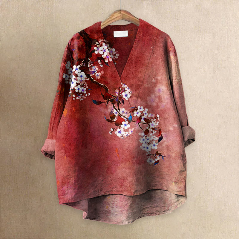 Japanese Antique Pear Blossom Ink Painting Printed Casual V-neck Blouse - Red - 6XL - image 5
