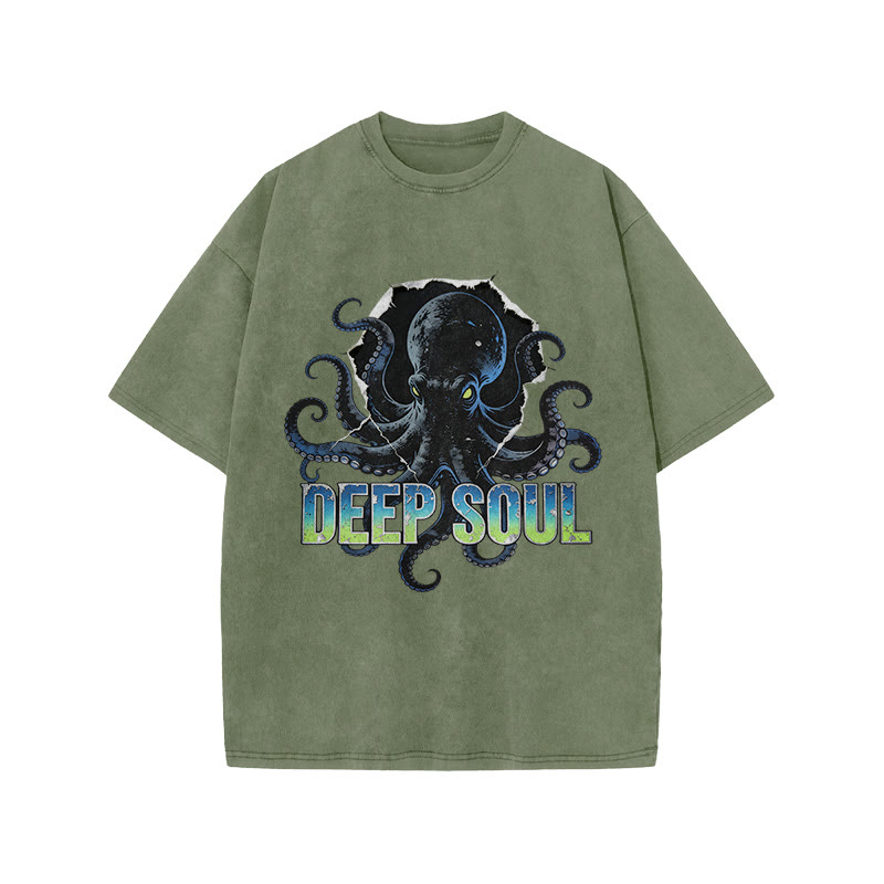 Deep Soul Black Octopus Print Acid Washed T-shirt - Army Green - US20-22(3XL) - image 6