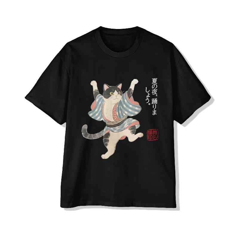 Unisex Japanese Funny Summer Festival Dancing Cat Art Pattern Cotton Print T-shirt - Black - US20-22(3XL) - image 3