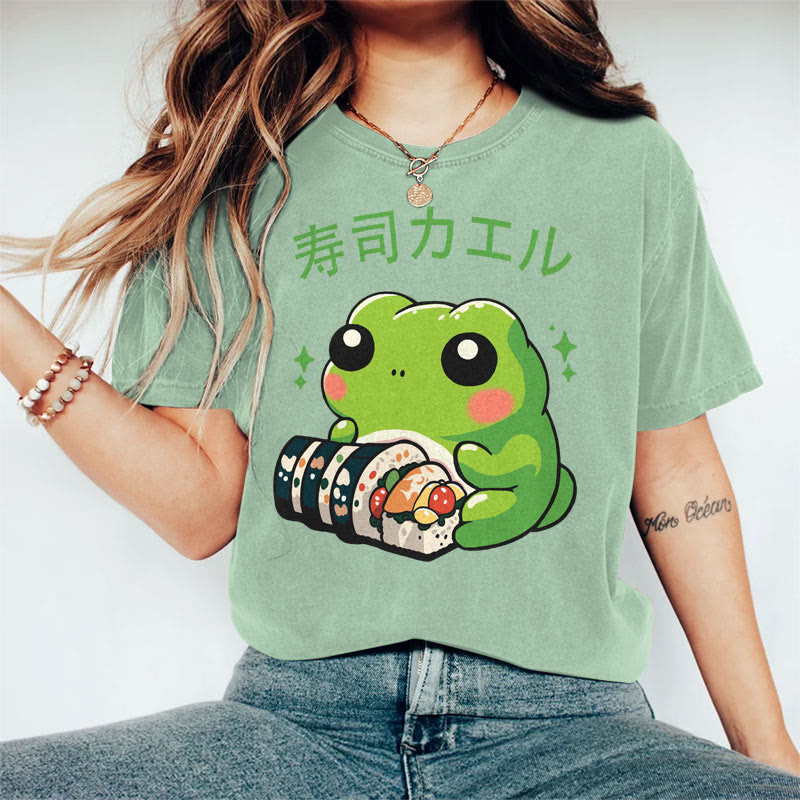 100% Cotton Women's Japanese Frog Eating Sushi Art Print Casual T-shirt - Green - 2XL - image 2