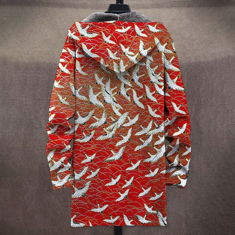 Japanese Style Flying Crane Print Unisex Plush Thick Long-sleeved Fleece Jacket - image 2