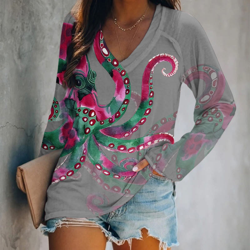 Watercolor Art Octopus Pattern Print V-neck Long Sleeve T-shirt - Light Gray - 5XL - image 5