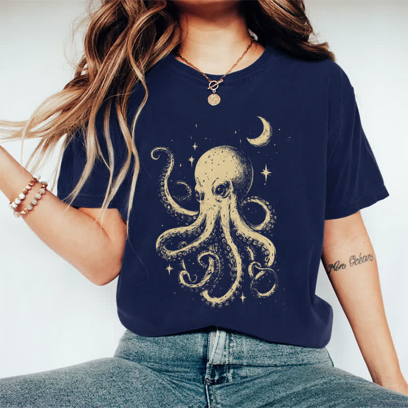 100% Cotton Japanese Watercolor Star & Moon Octopus Art T-shirt - Dark Blue - 2XL - image 4