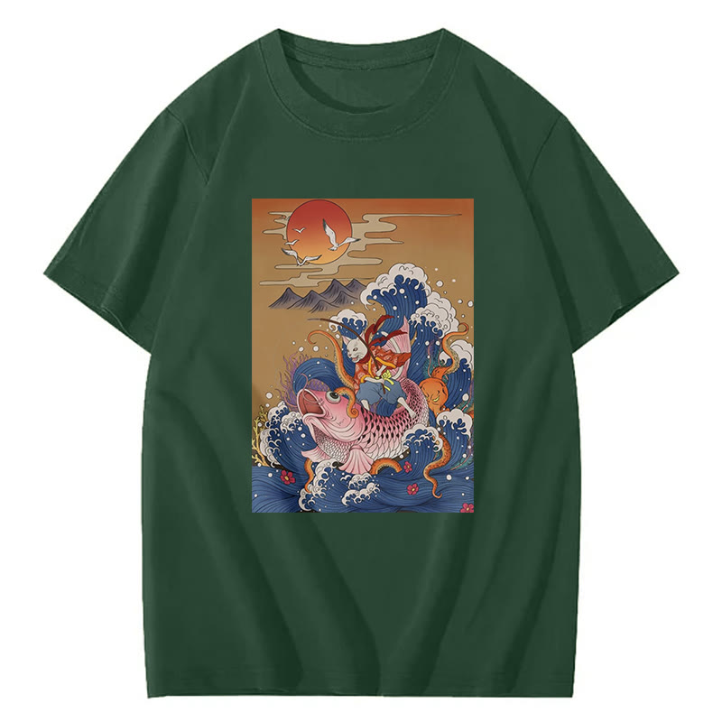 Samurai Cat And Koi Fish Print Short Sleeved Crew Neck T-Shirt - Green - 2XL - image 6