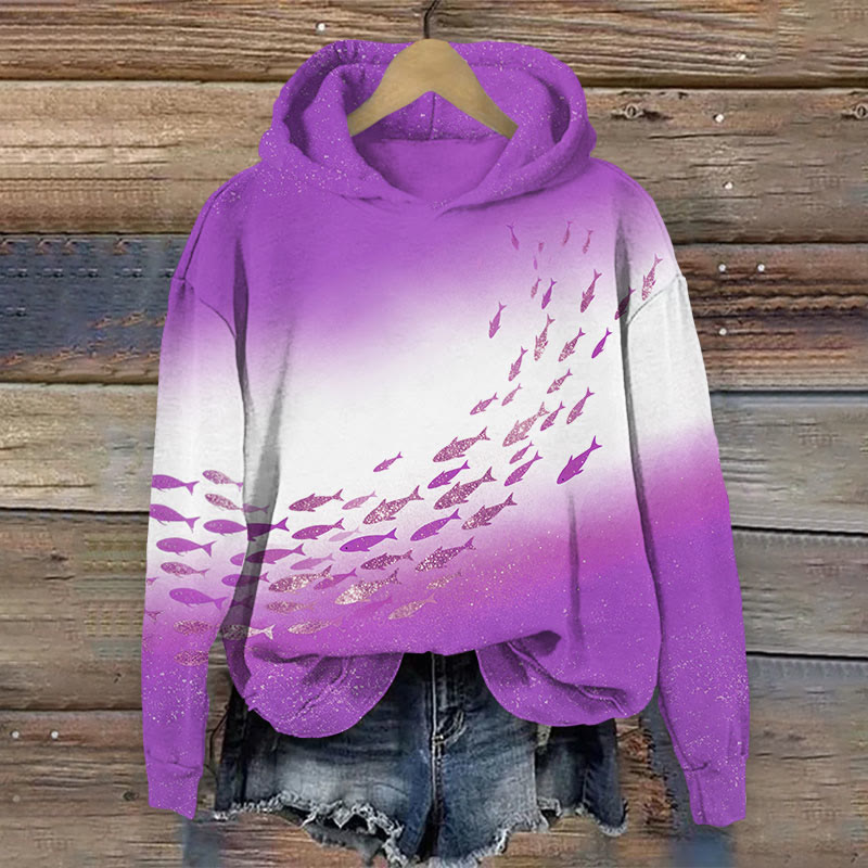 Art School Of Fishes Print Long Sleeve Hoodie - Purple - US44-46(8XL) - image 3