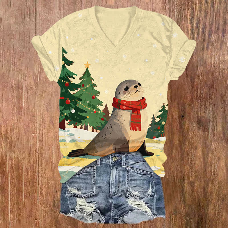 Christmas Winter Snowy Seal With Scarf Art Print V-neck T-shirt - Yellow - US32-34(5XL) - image 2