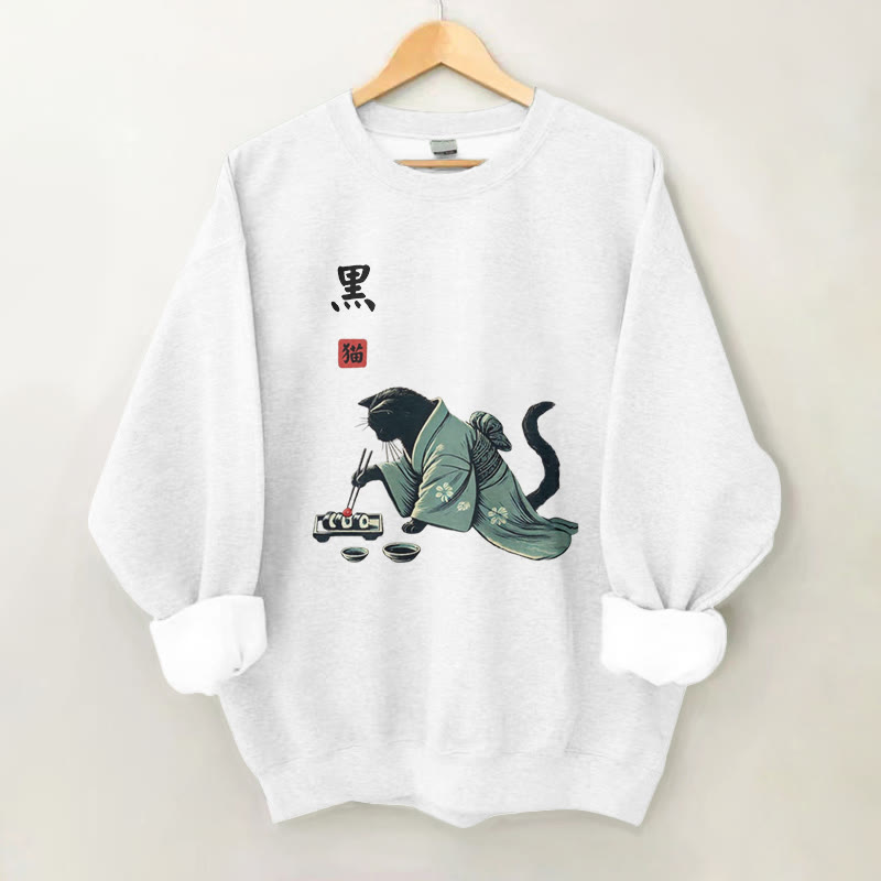 100% Cotton Traditional Cat Eating Sushi Print Round Neck Casual Fleece Sweatshirt - White - 2XL - image 2