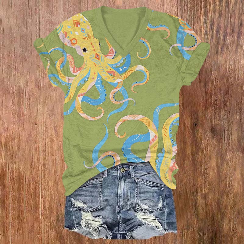 Vintage Funny Ethnic Pattern Octopus Print V-neck T-shirt - Green - US32-34(5XL) - image 3