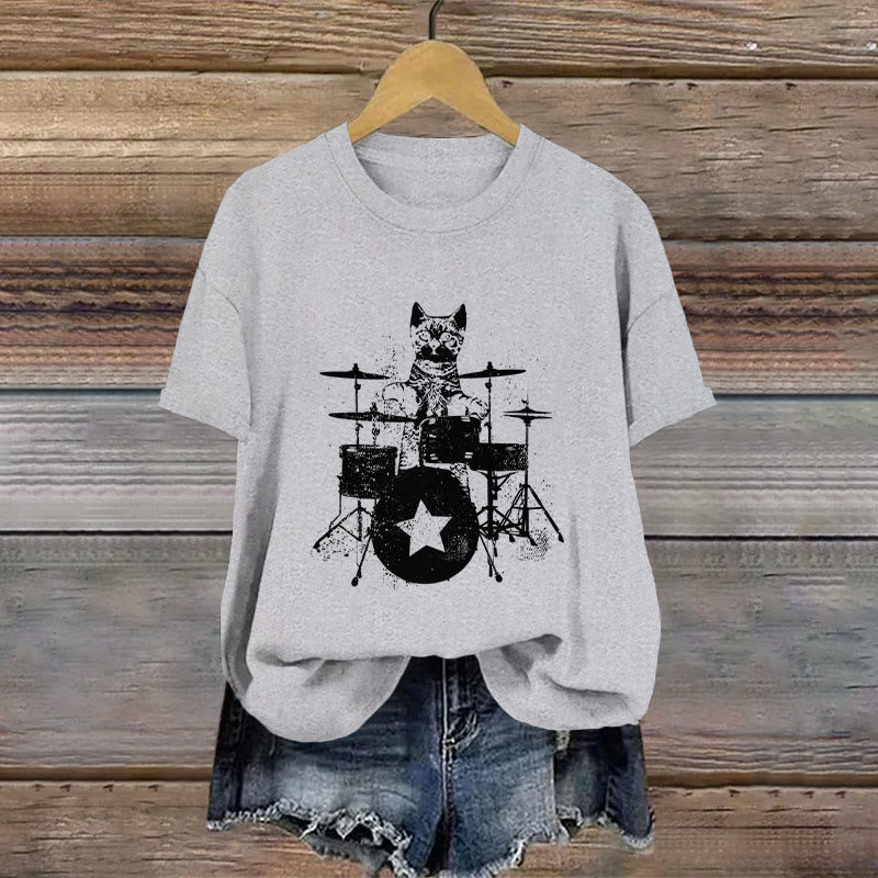 100% Cotton Vintage Rockstar Kitty Beats Drums Printed T-shirt - Grey - 2XL - image 3