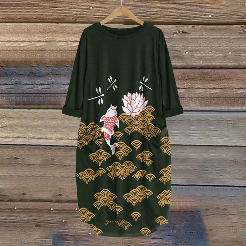 Japanese Style Koi Fish Dragonfly Wave Art Print Crew Neck Dress - Dark Green - 8XL - image 3
