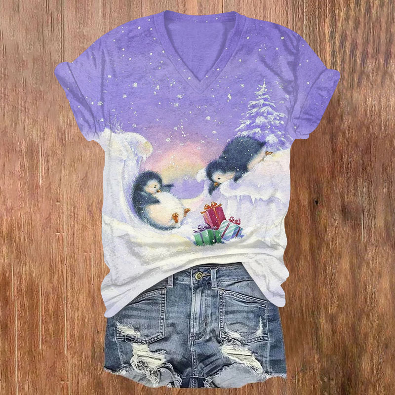 Penguin Looking At Christmas Gifts Print V-neck T-shirt - Purple - US32-34(5XL) - image 2