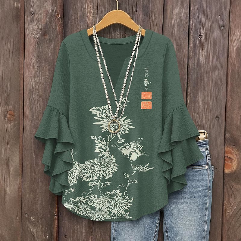 Vintage Chrysanthemum Print V-neck Half Sleeve Blouse - Green - 5XL - image 4