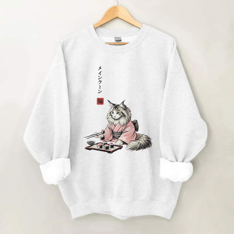 100% Cotton Maine Cat With Sushi Print Round Neck Casual Fleece Sweatshirt - White - 2XL - image 2