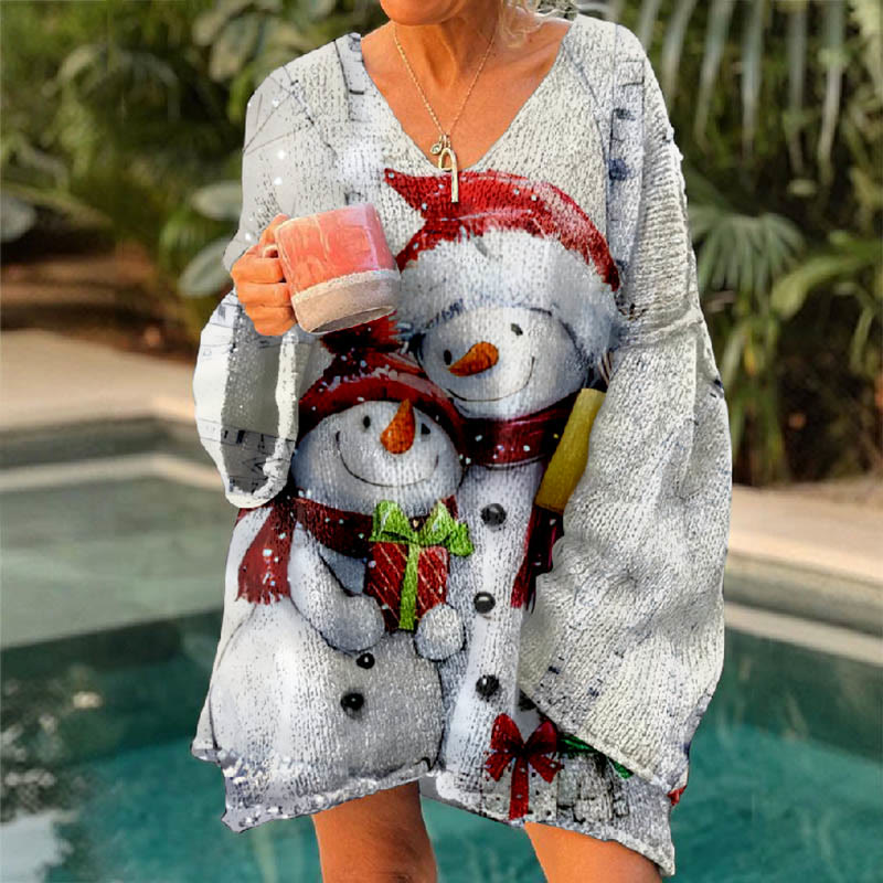 Christmas Loving Snowman Holding Gift Art Print V-neck Pullover Sweater - image 2