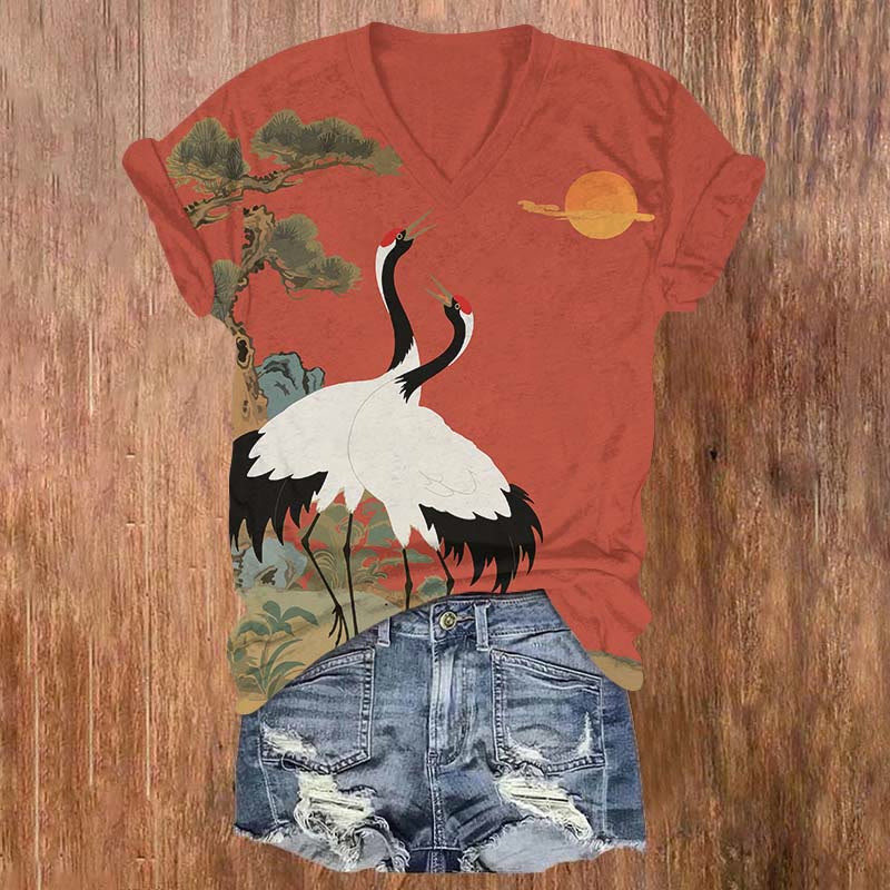 Vintage Sunset Romantic Couple Crane  Print V-neck T-shirt - Red - US32-34(5XL) - image 4