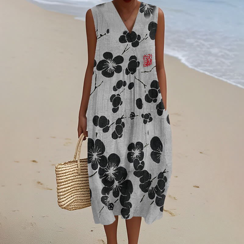 Cherry Blossom Japanese Lino Art Vintage Print V-neck Sleeveless Dress - Grey - 5XL - image 5