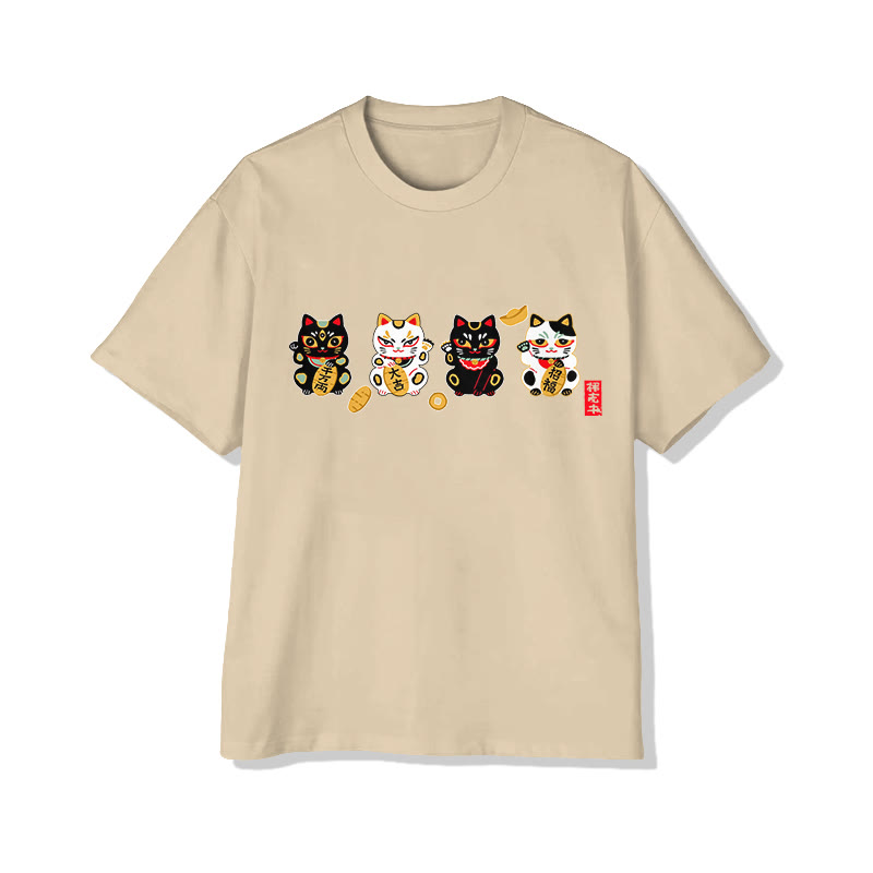 Unisex Japanese New Year Lucky Cats Pattern Art Cotton Print T-shirt - Apricot - US20-22(3XL) - image 3