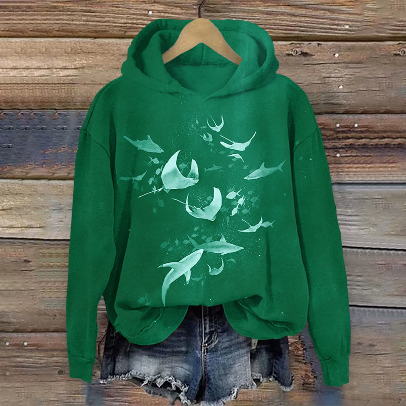 Ocean School Of Fishes Print Long Sleeve Hoodie - Green - US44-46(8XL) - image 2