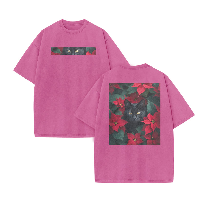 A Black Cat In A Field Of Christmas Flowers Print Acid Washed T-shirt - Pink - US20-22(3XL) - image 6