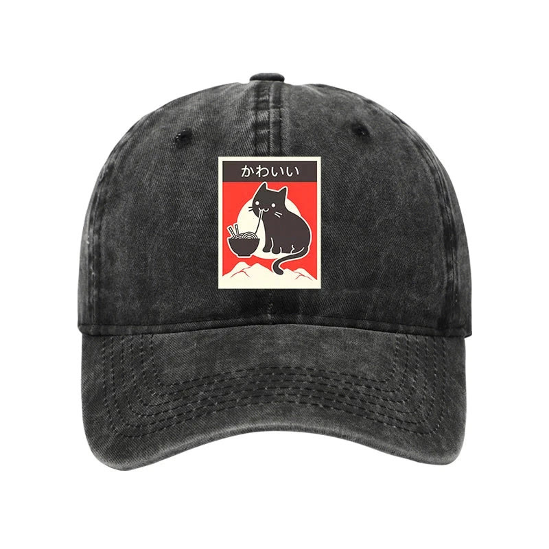 Unisex 100% Cotton Kawaii Vintage Style Japenese Ramen Cat Print Cap - Black - one size - image 3