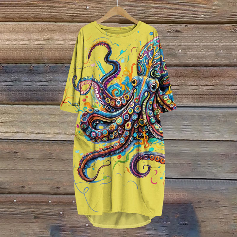 Vintage Rainbow Octopus Art Print Crew Neck Dress - Yellow - 8XL - image 7