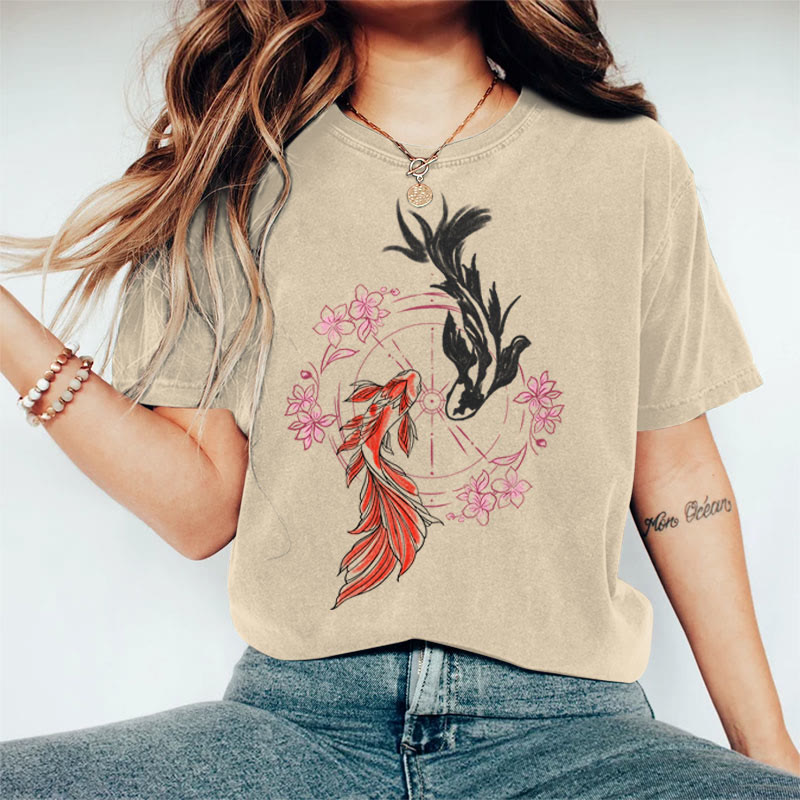 100% Cotton Women's Japanese Sakura Koi Carp Art Print Casual T-shirt - Khaki - 2XL - image 3