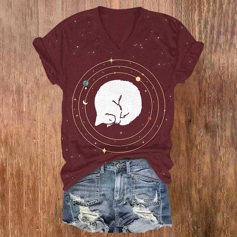 Vintage Planet Sleeping Cat Print V-neck T-shirt - Wine - US32-34(5XL) - image 5
