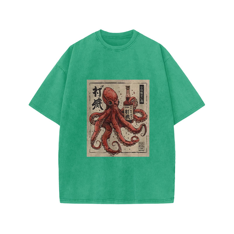 Unisex 100% Cotton Osaka Saké Octopus Vintage Print Acid Washed T-shirt - Green - 3XL - image 8