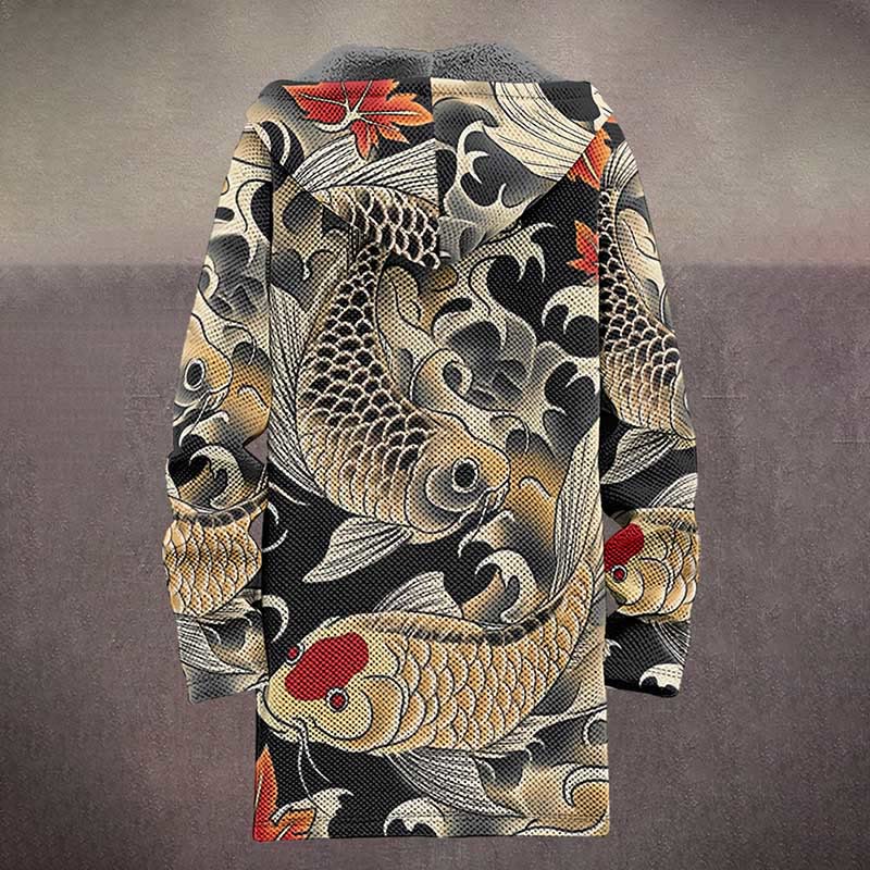 Retro Watercolor Golden Koi Carp Print Unisex Plush Thick Long-sleeved Fleece Jacket Coat - image 3