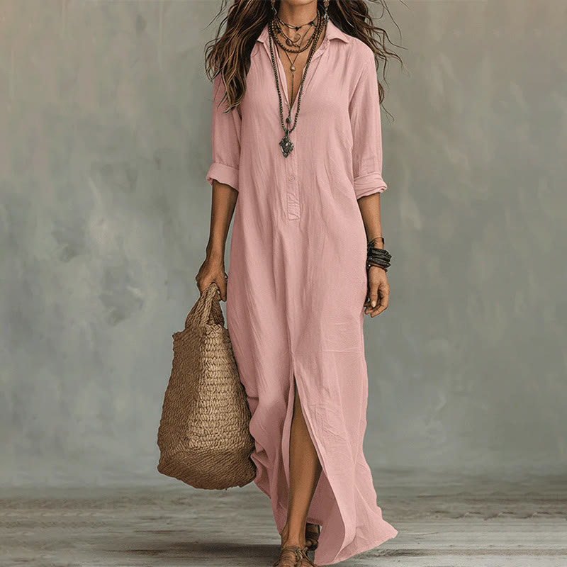 Casual Solid V-neck Lapel Long-sleeve Maxi Dress With Front Slit - Pink - 2XL - image 6